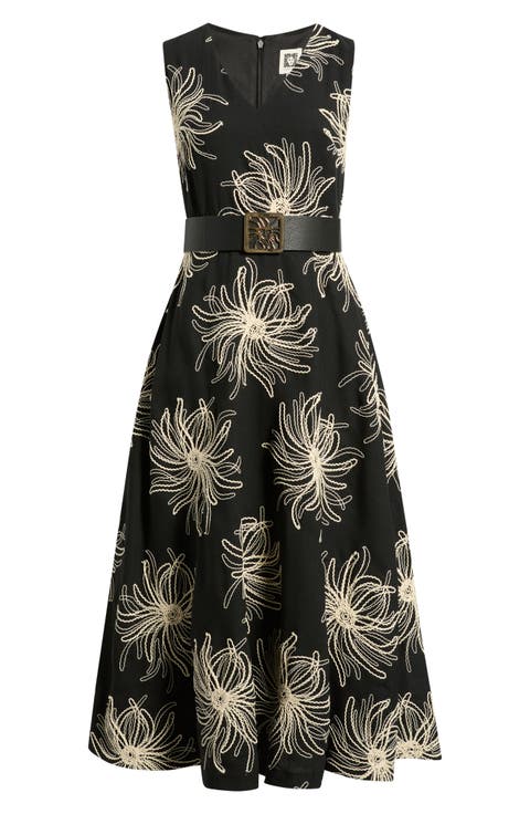 Embroidered Belted Midi Dress