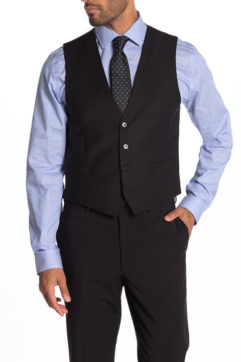 Plain Black Slim Fit Wool Blend Suit Separate Vest