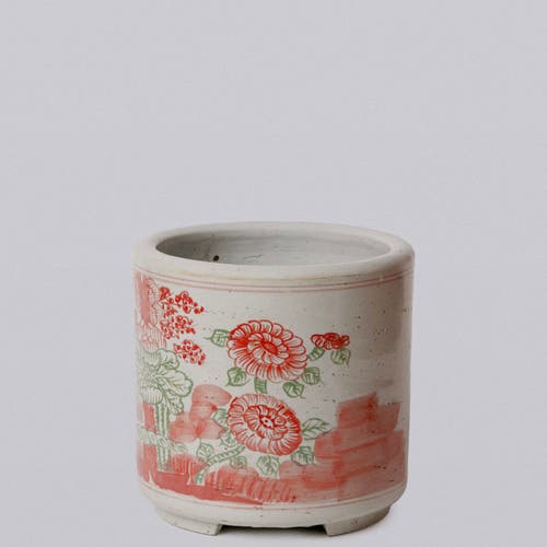 Cobalt Guild Pink And Green Porcelain Four Seasons Footed Cachepot In Red