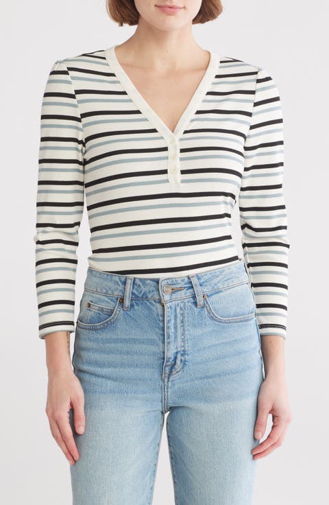 Stripe Long Sleeve Henley T-Shirt
