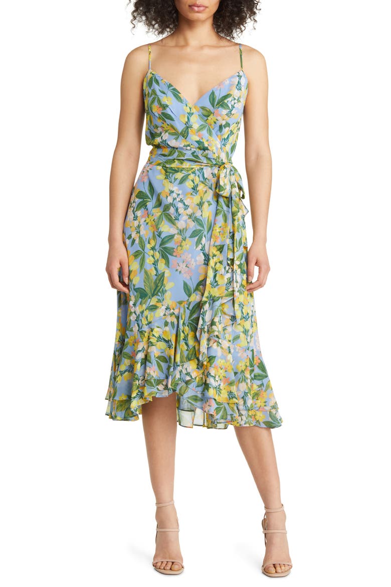 Floral Wrap Bodice Dress, Main, color, BLUE