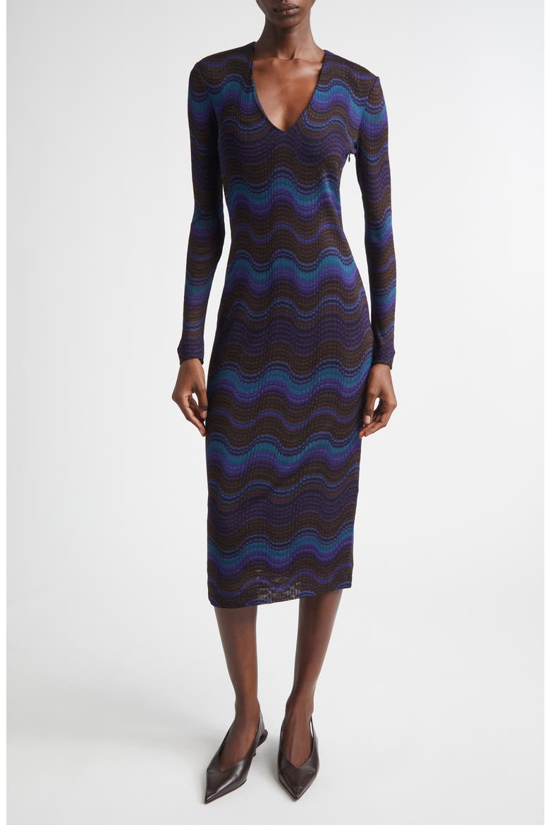 Wavy Stripe Long Sleeve Raschel Knit Midi Dress, Main, color, BLUE AND BROWN TONES