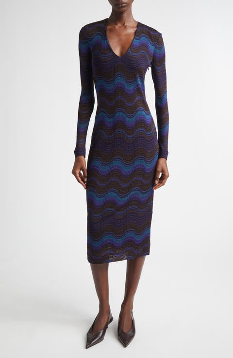 Wavy Stripe Long Sleeve Raschel Knit Midi Dress