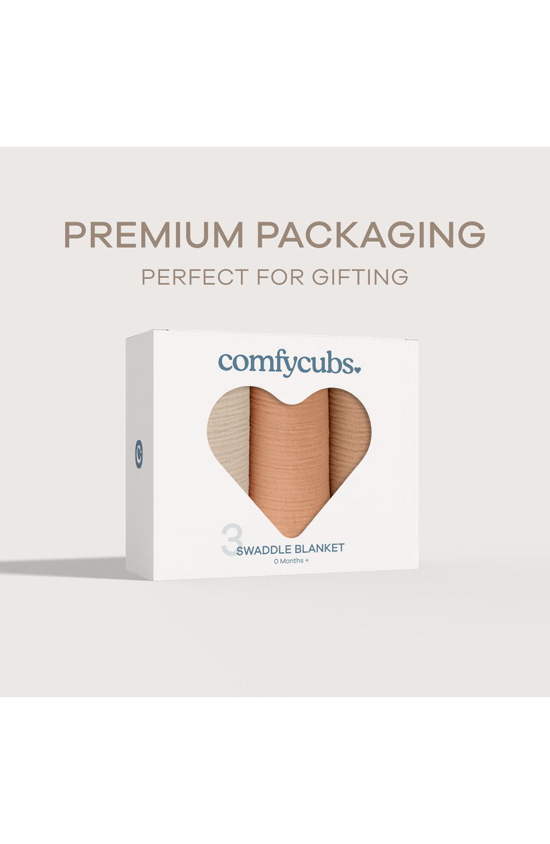 Comfy Cubs Muslin Swaddle Blankets Pack of 3, Alternate, color, Sand, Cedar, Caramel