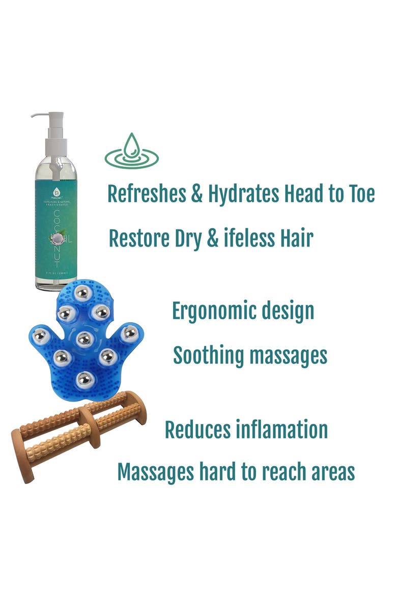 PURSONIC Palm Shaped Massage Glove, Wooden Foot Massager, and Coconut Oil, Alternate, color, Multicolor