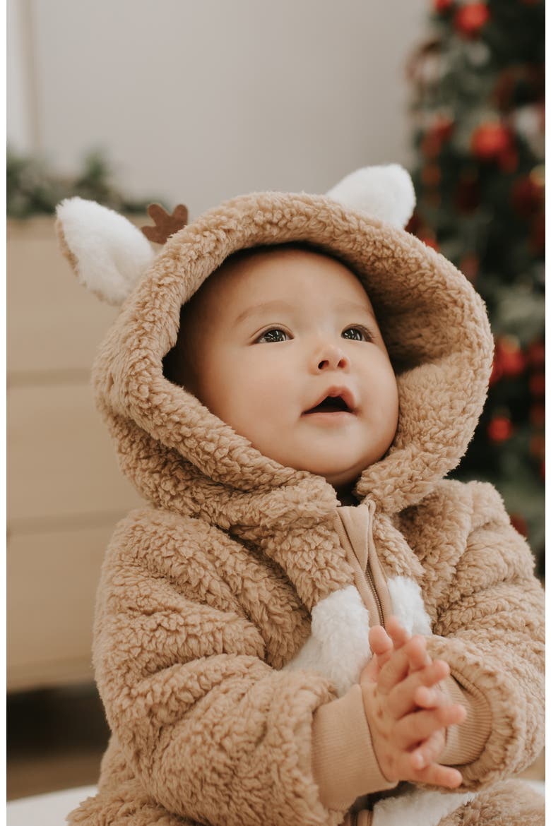 Reindeer Hooded Fleece Jumpsuit, Alternate, color, SAND