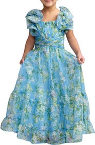 Mac Duggal Girls Chiffon Ruffled Shoulder Dress