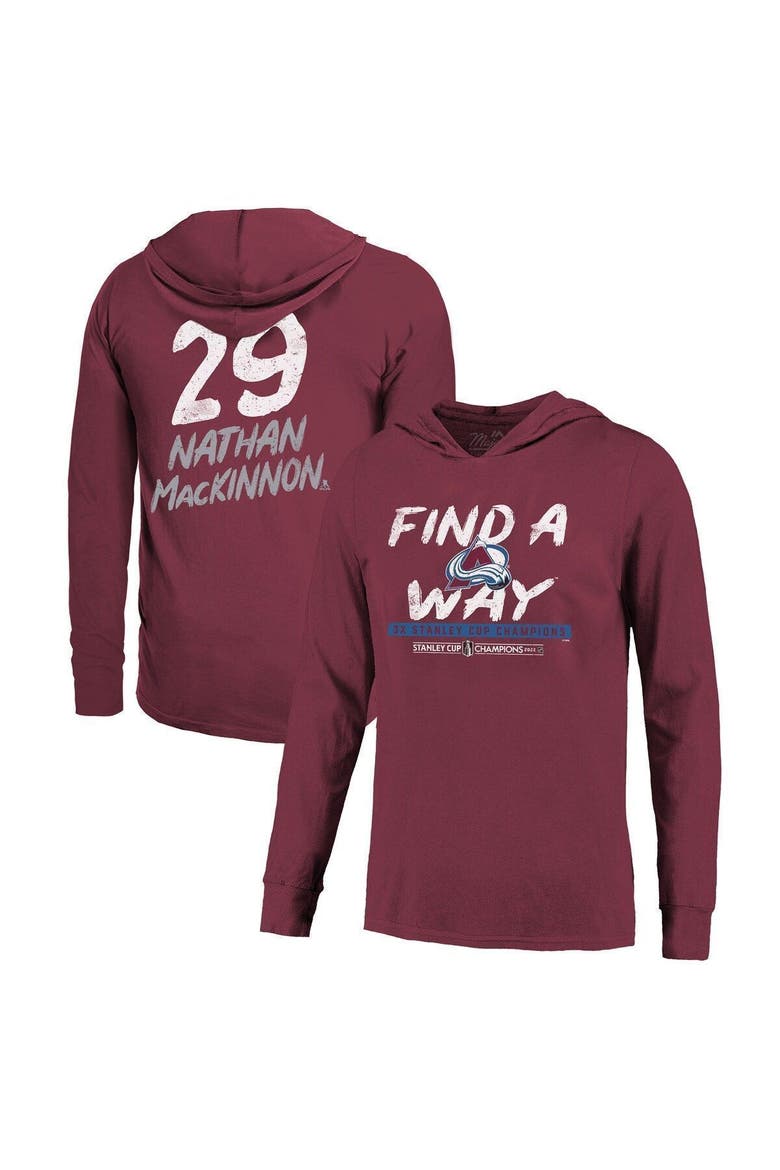 Men's Majestic Threads Nathan MacKinnon Burgundy Colorado Avalanche 2022 Stanley Cup Champions Softhand Name & Number Pullover Hoodie, Main, color, Burgundy