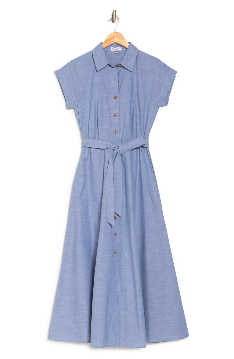 Calvin Klein Cap Sleeve Cotton Chambray Shirtdress, Alternate, color, 