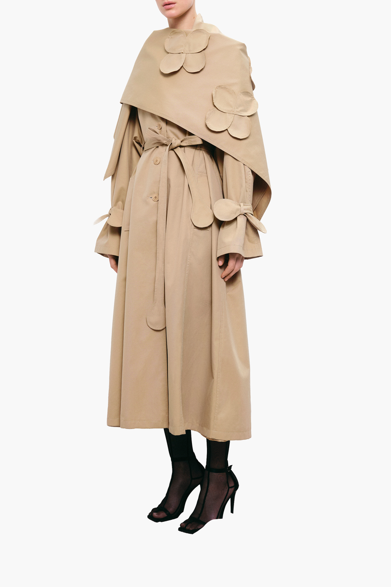Relaxed Trench Coat With Detachable Scarf and Floral Appliques, Alternate, color, Beige