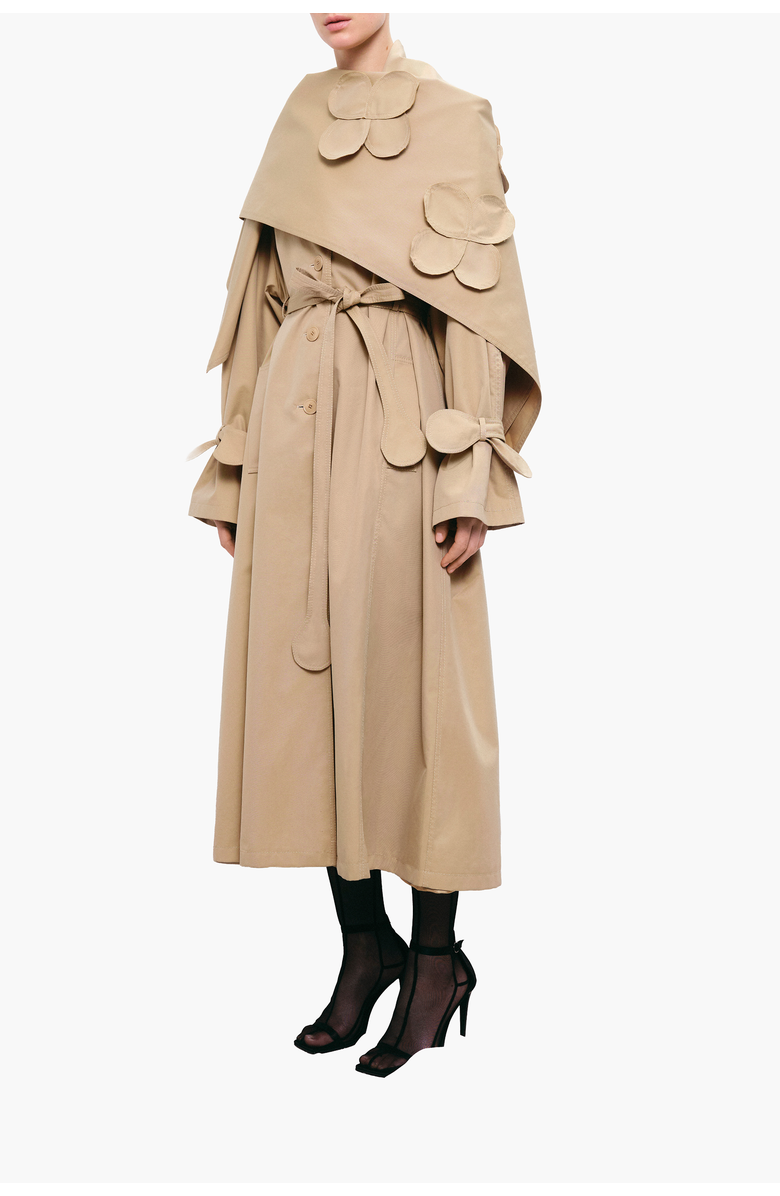 Malva Florea Relaxed Trench Coat With Detachable Scarf and Floral Appliqus, Alternate, color, Beige
