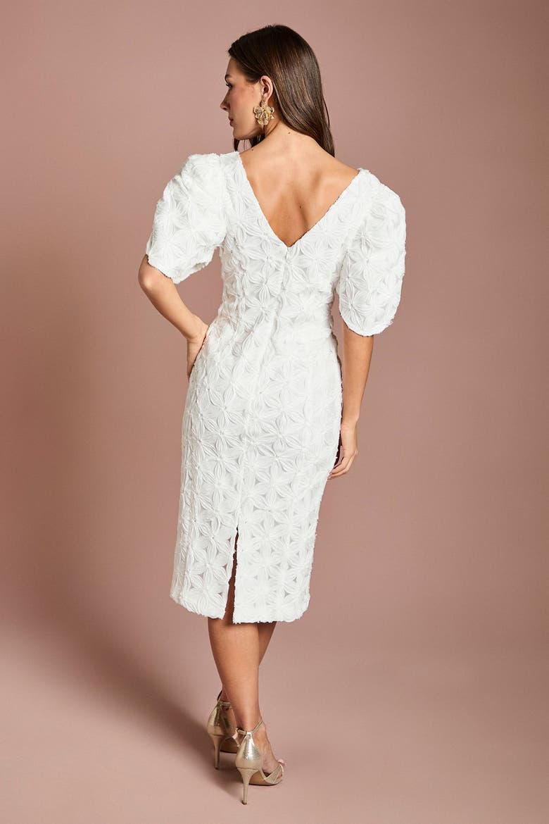 Floral Pleated Puff Sleeve Pencil Dress, Alternate, color, Ivory