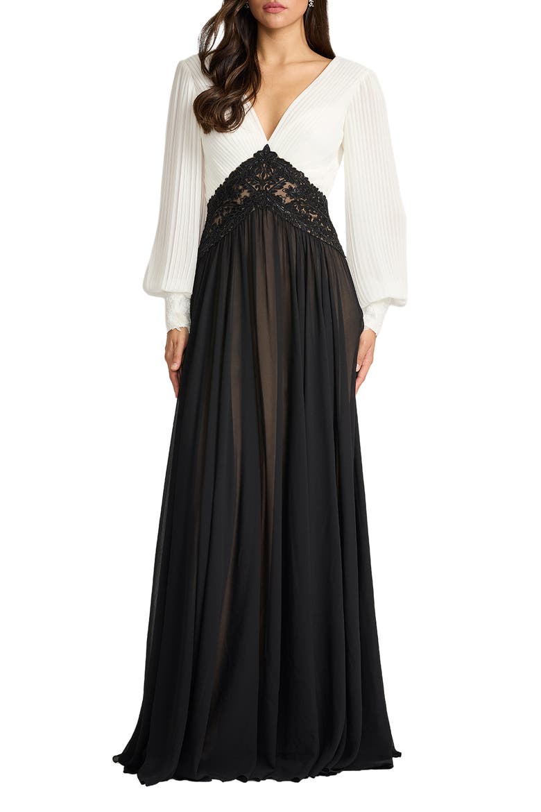 Pleated Bodice Long Sleeve Gown, Main, color, IVORY/ BLACK