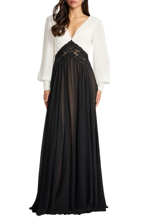 Pleated Bodice Long Sleeve Gown