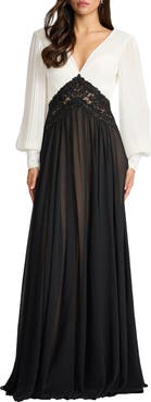 Tadashi Shoji Pleated Bodice Long Sleeve Gown