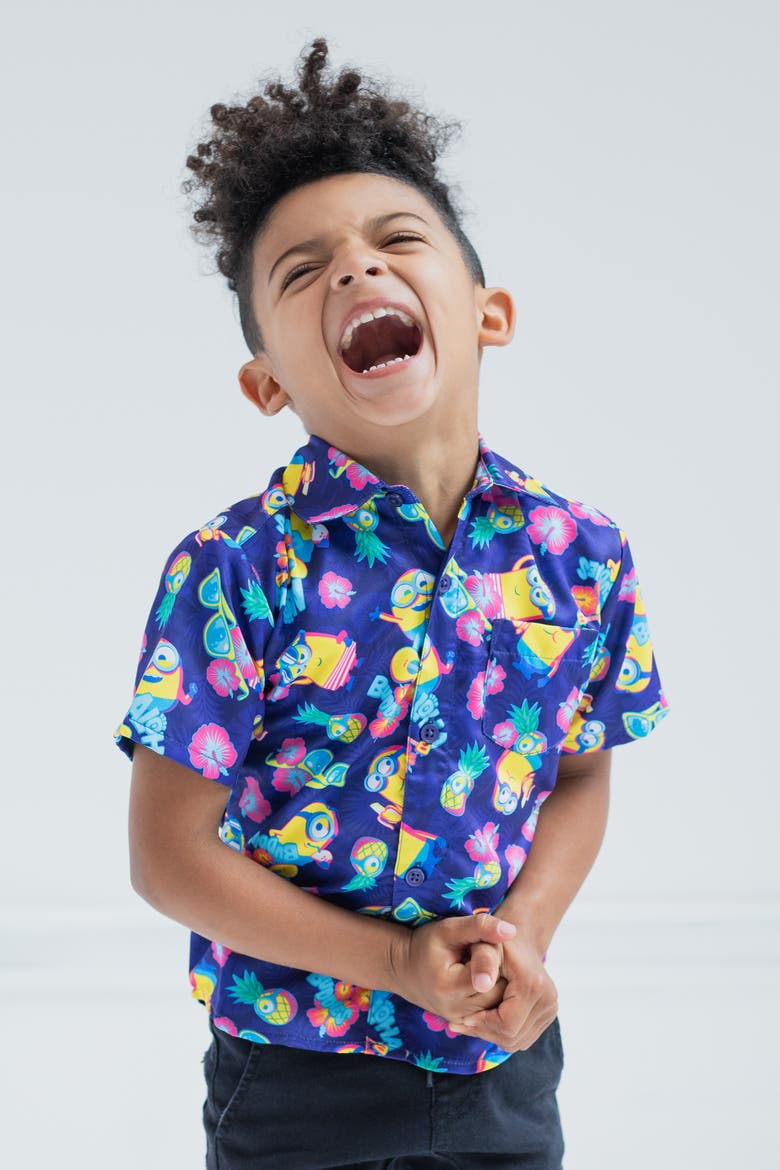 Minions Hawaiian Short Sleeve Button Down Shirt, Alternate, color, Navy Tropical Leaf