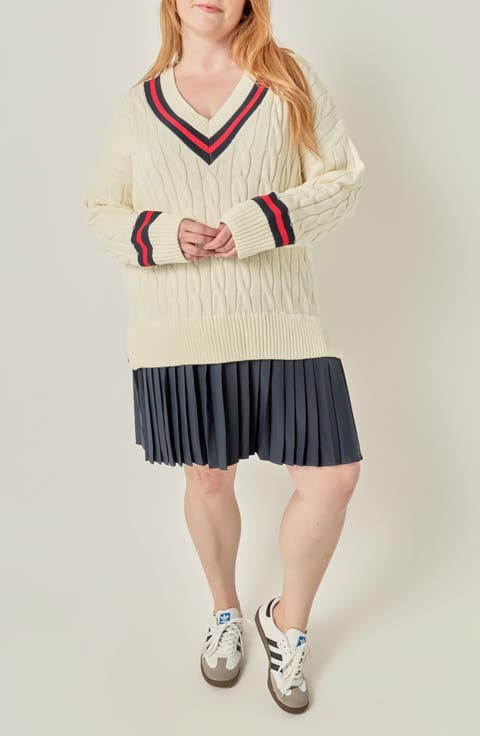 Cable Knit Pleated Sweater Dress