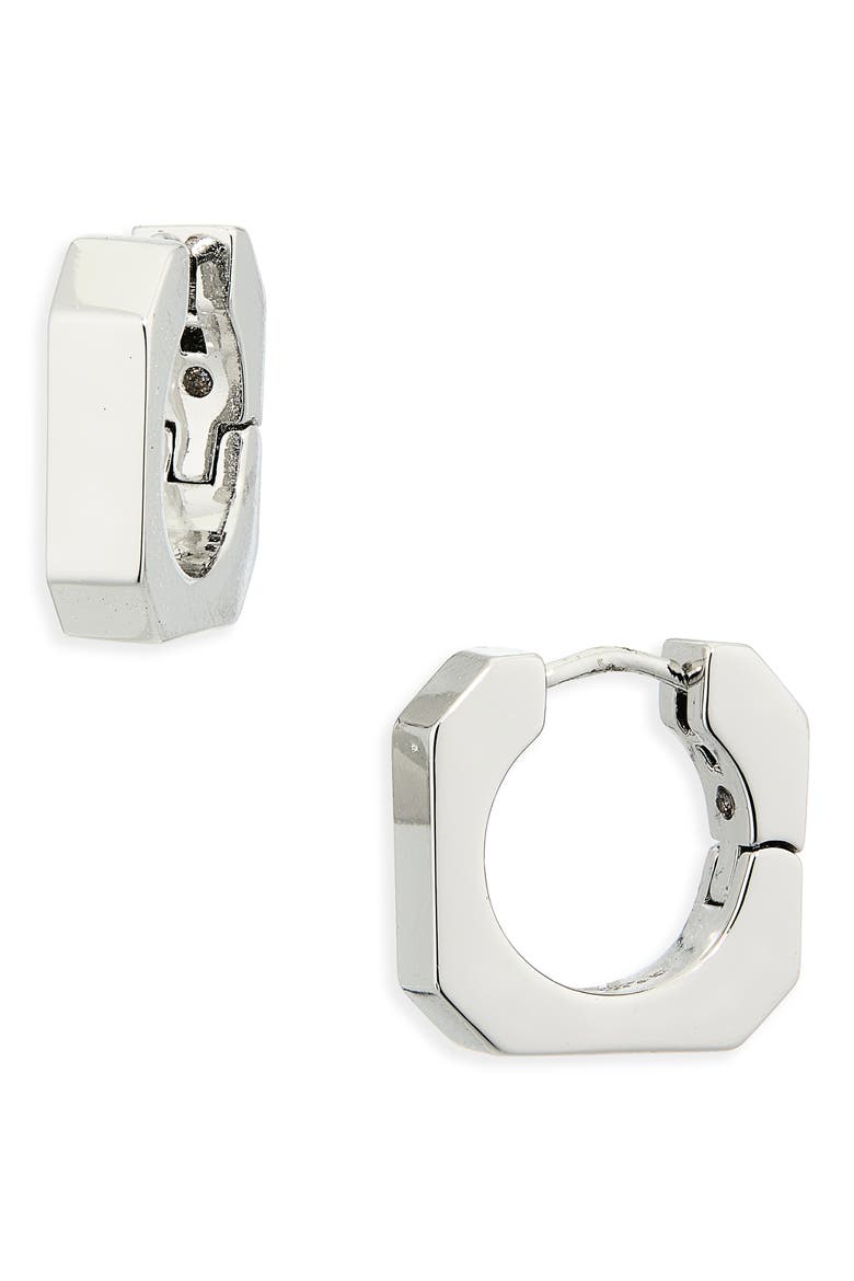 Square Hexagonal Huggie Hoop Earrings, Main, color, RHODIUM