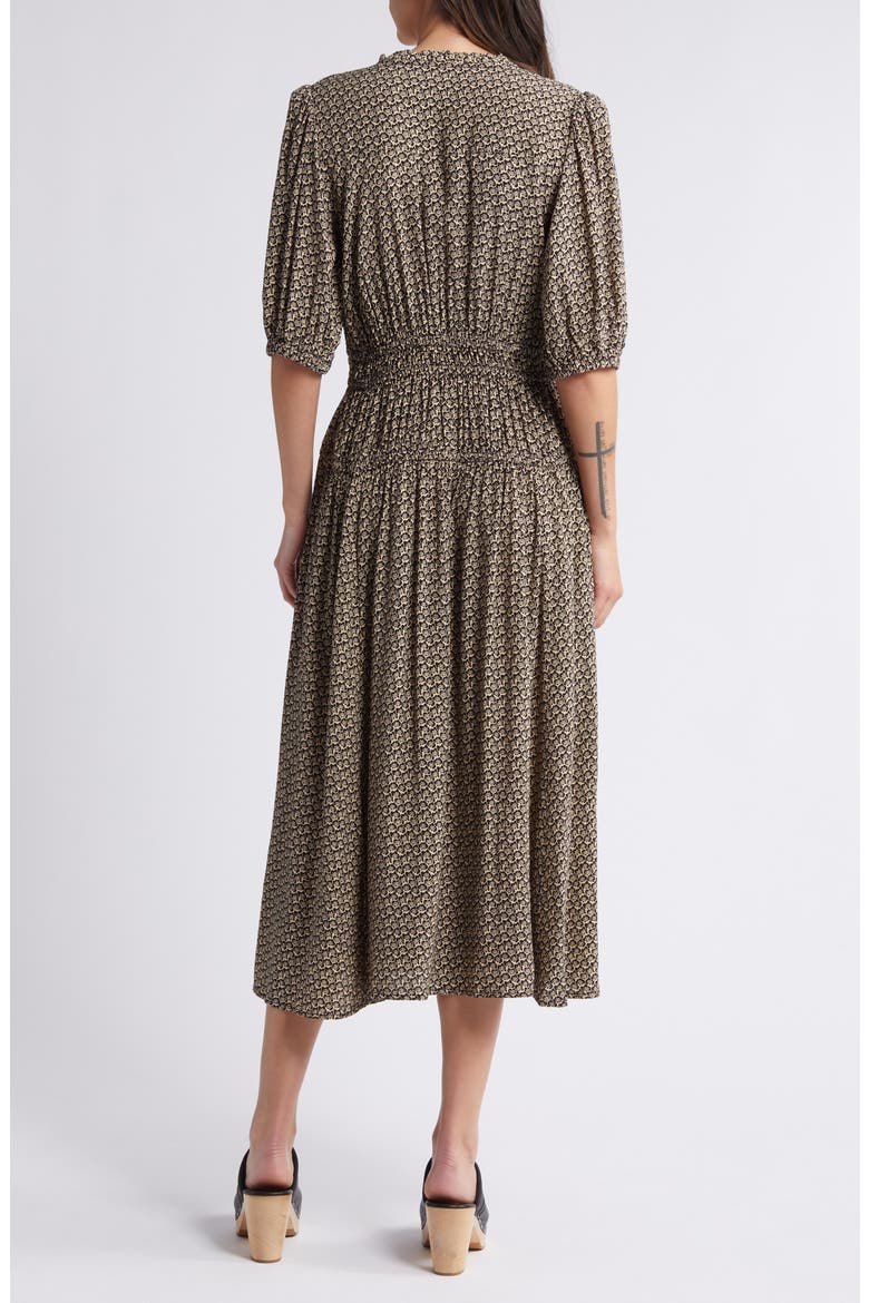 Puff Sleeve Drop Waist Midi Dress, Alternate, color, BLACK- BEIGE FLORAL