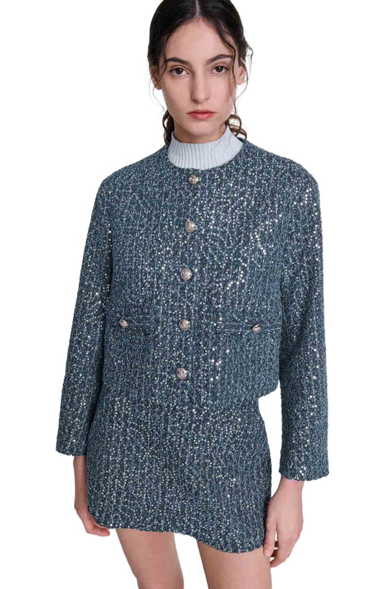 maje Sequinned tweed jacket, Alternate, color, 