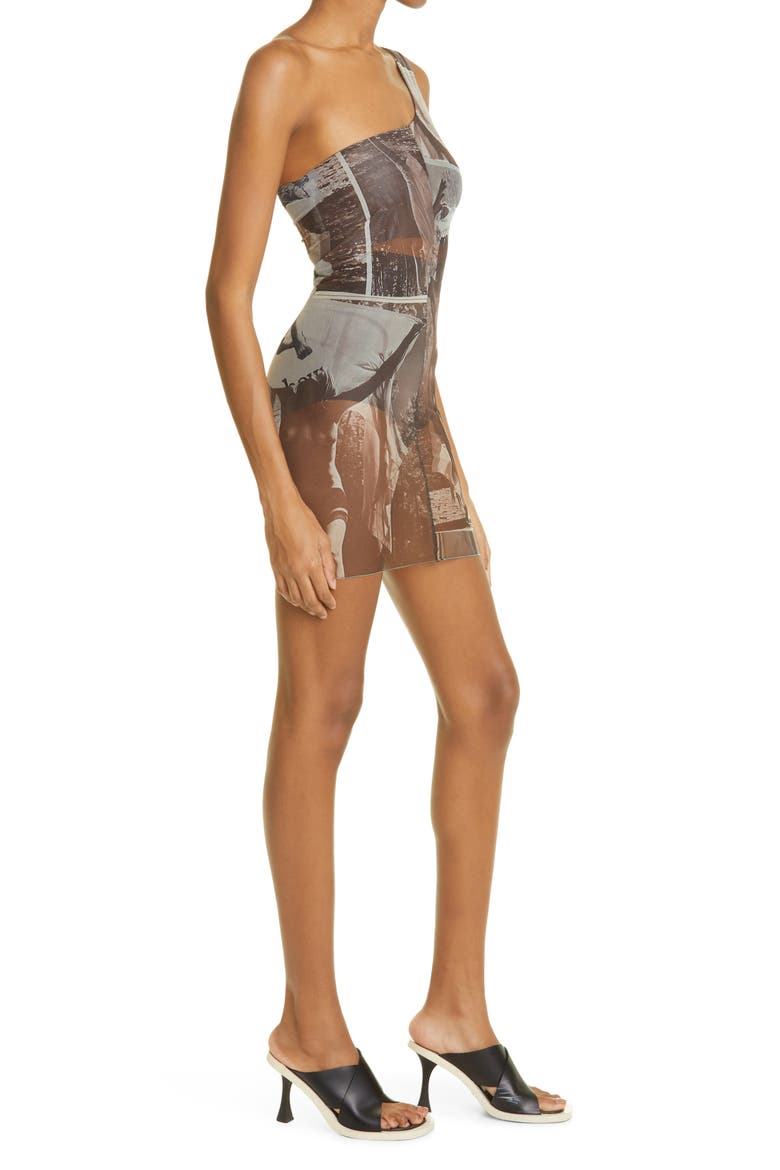 Float Print One-Shoulder Stretch Recycled Polyester Blend Mesh Minidress, Alternate, color, BEIGE MULTI