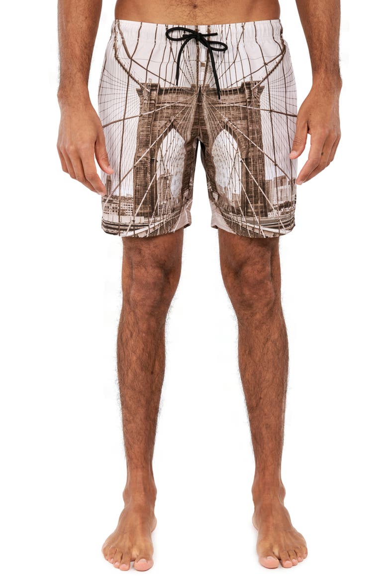 Slim Fit Brooklyn Bridge Swim Trunks, Main, color, GREY