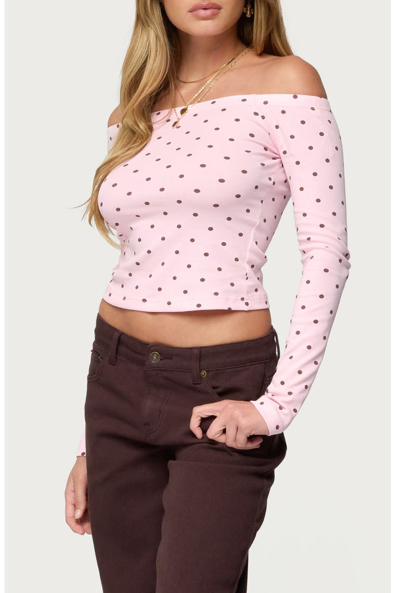 Leandra Polka Dot Off the Shoulder Stretch Cotton Top, Alternate, color, LIGHT-PINK