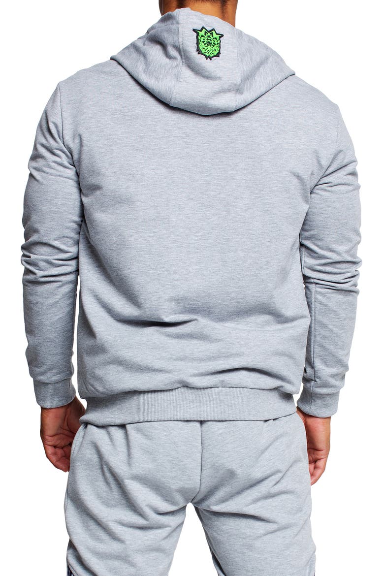 Tie Dye Detail Zip Front Stretch Cotton Fleece Hoodie, Alternate, color, GREY
