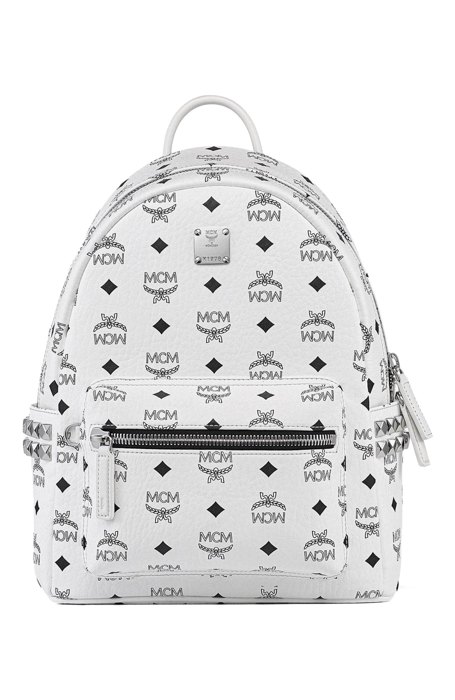 MCM Stark Side Studs Backpack in Visetos, Alternate, color, White