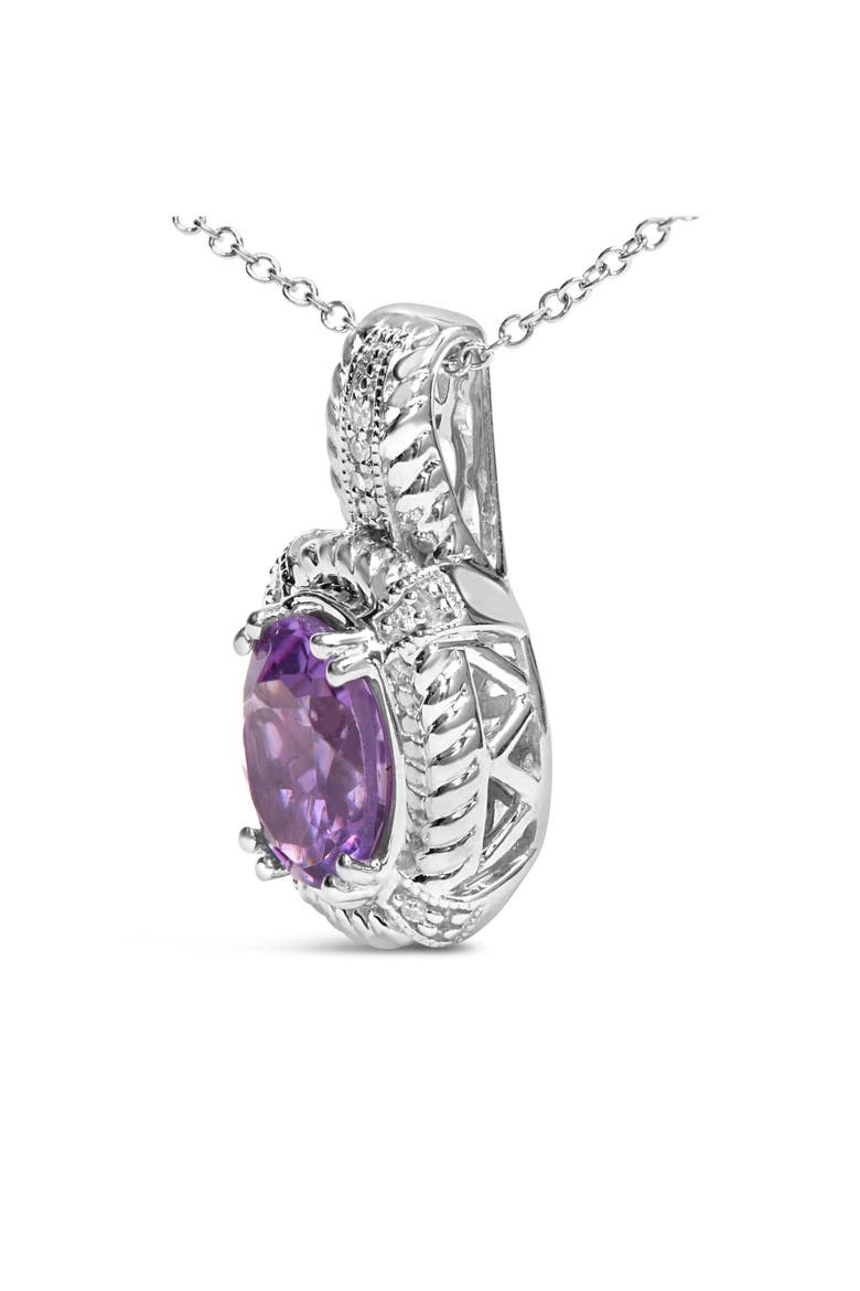 Silver 9x7mm Oval Purple Amethyst and Diamond Accent Fashion Drop Pendant Necklace, Alternate, color, White