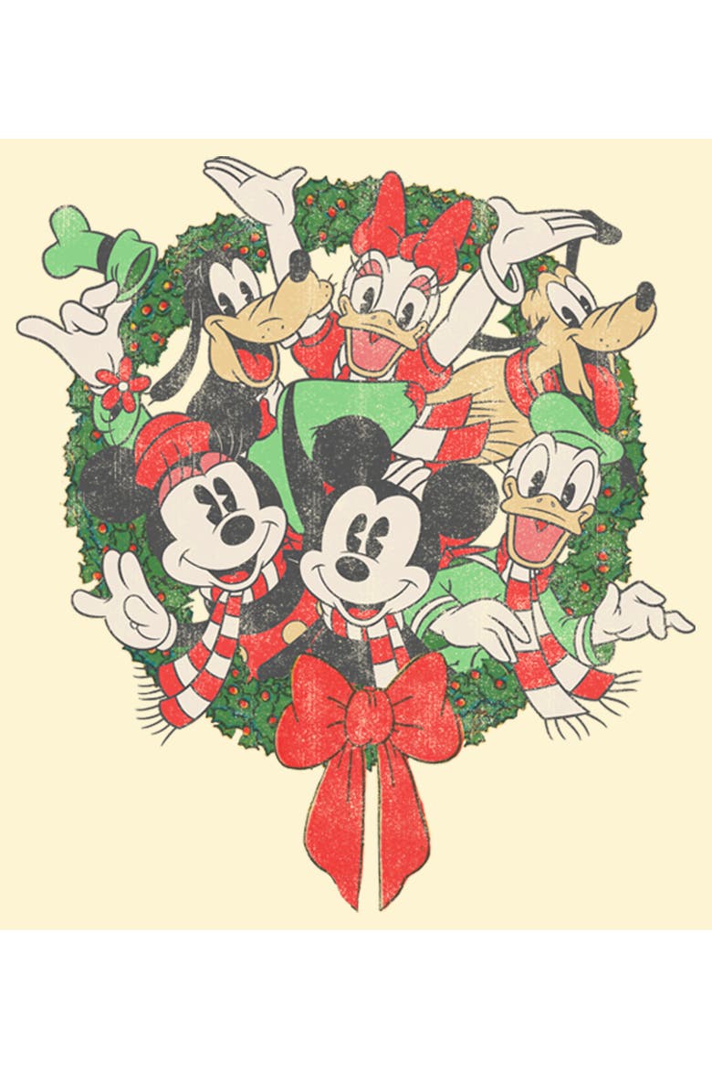 Men's Mickey & Friends Christmas Group Shot Wreath Graphic Tee, Alternate, color, Beige