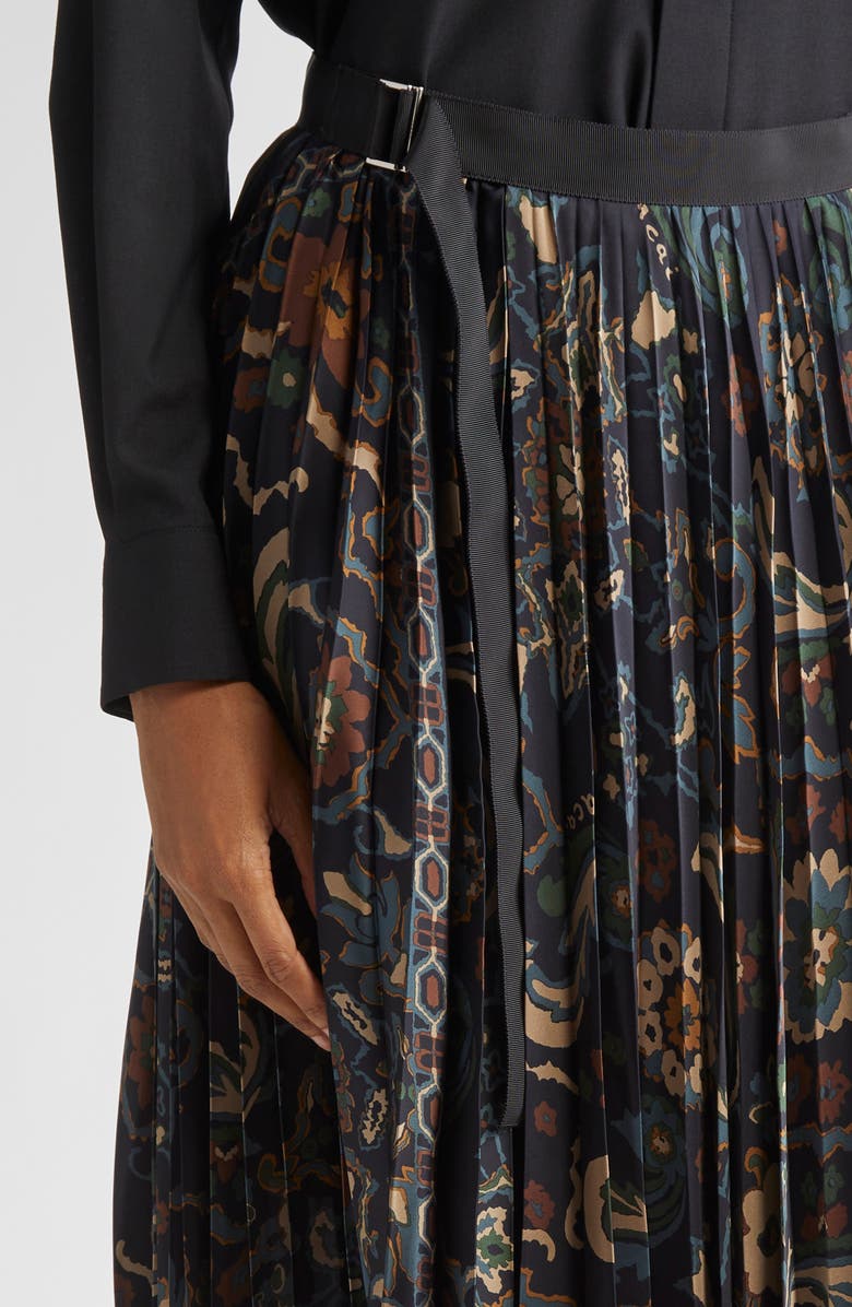 Sacai Floral Print Pleated Midi Skirt, Alternate, color, Navy