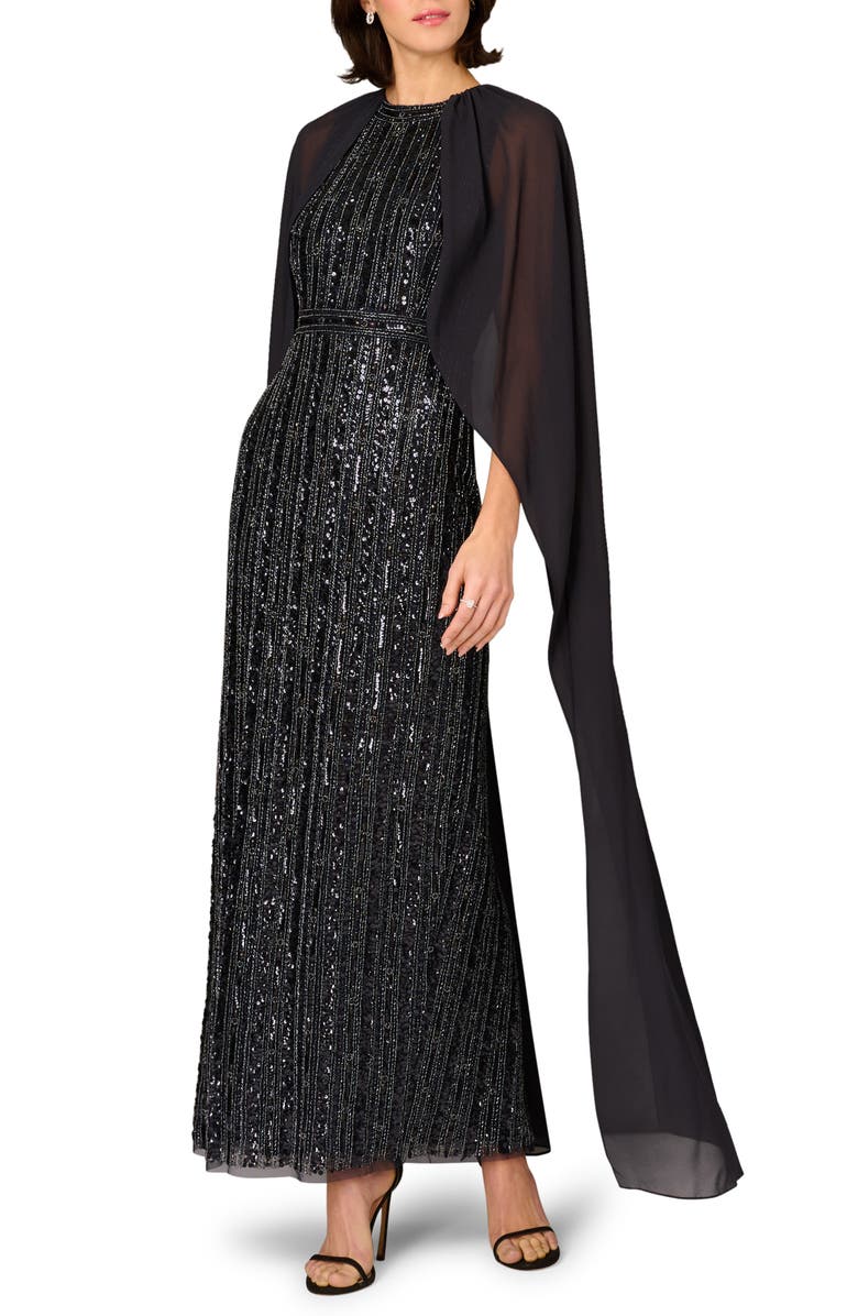Aidan Mattox Beaded Cape Gown, Alternate, color,