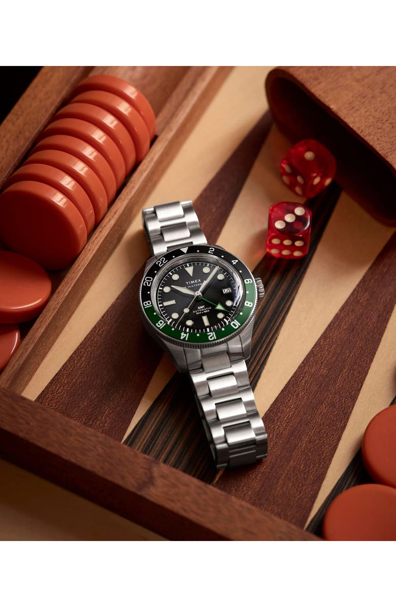 Timex<sup>®</sup> The Waterbury Heritage GMT Automatic Bracelet Watch, 41.5mm, Alternate, color, Stainless Steel