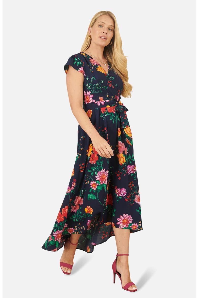 Flower  Print Wrap Midi Dress, Alternate, color, Navy