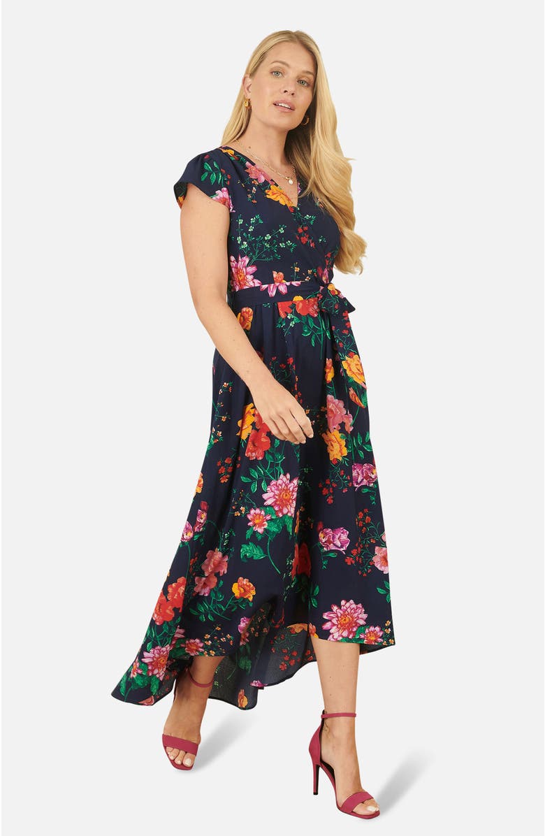 Yumi Flower  Print Wrap Midi Dress, Alternate, color, Navy