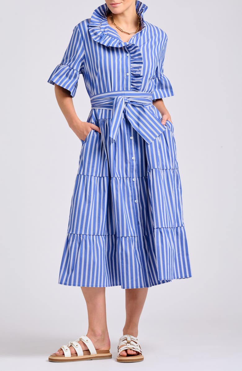 SHIRTY Stripe Ruffle Midi Shirtdress, Alternate, color, Azure W/ Whiite Ticking