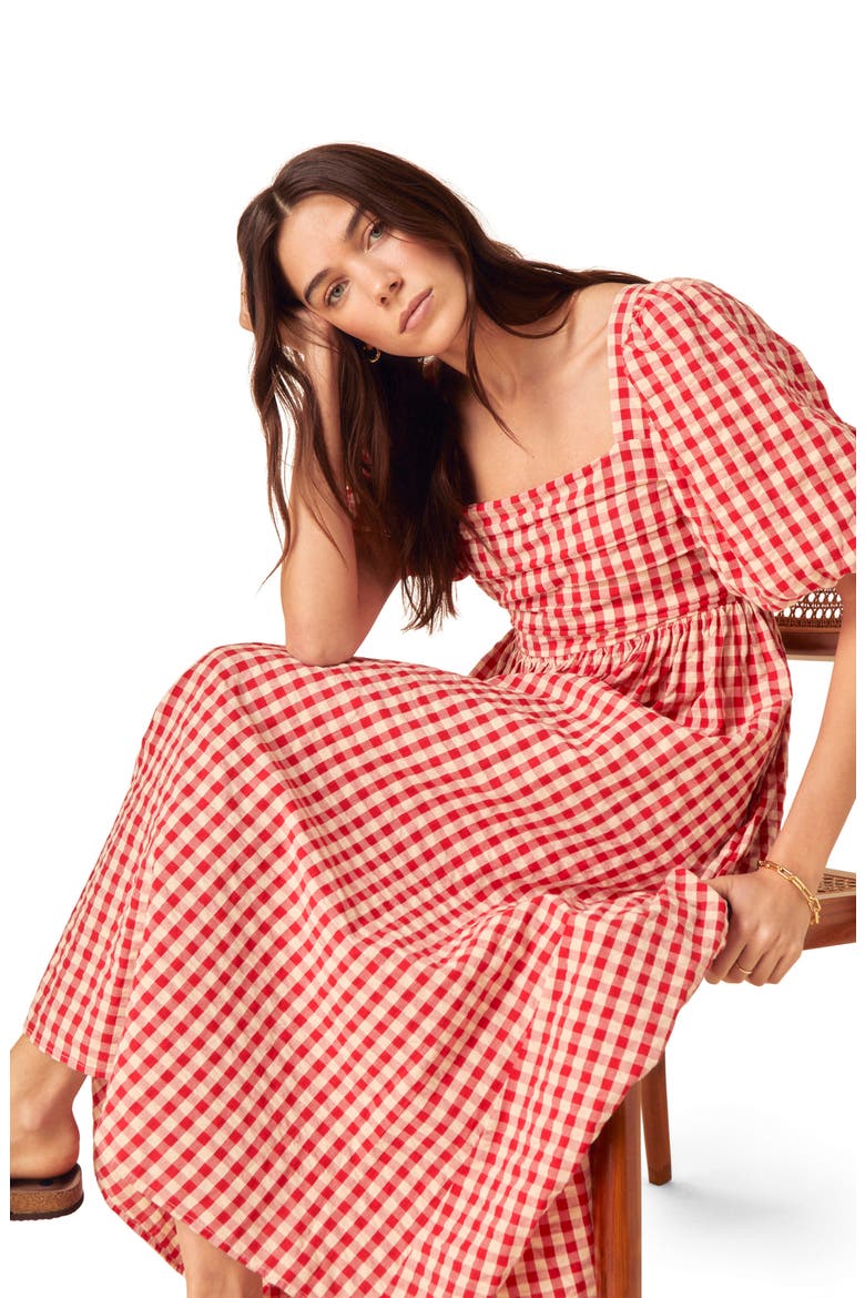 Nova Gingham Puff Sleeve Linen Blend Midi Dress, Alternate, color, RED