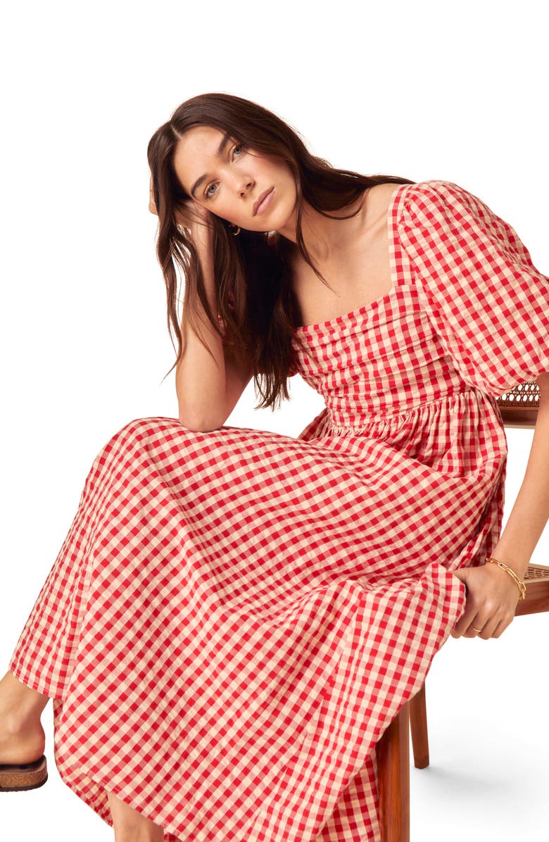 Nobody's Child Nova Gingham Puff Sleeve Linen Blend Midi Dress, Alternate, color, Red