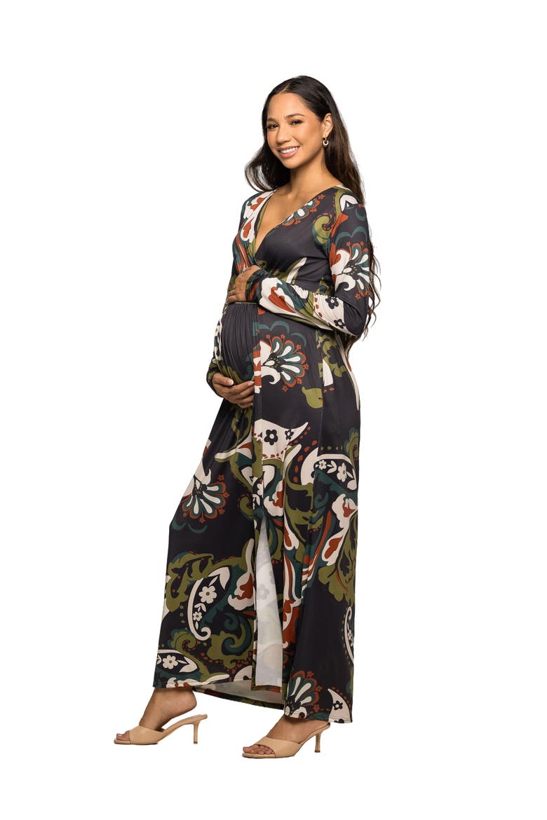 Paisley Print Long Sleeve Wrap Maxi Dress, Alternate, color, Green Multi