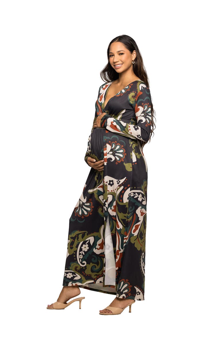 24seven Comfort Apparel Paisley Print Long Sleeve Wrap Maxi Dress, Alternate, color, Green Multi