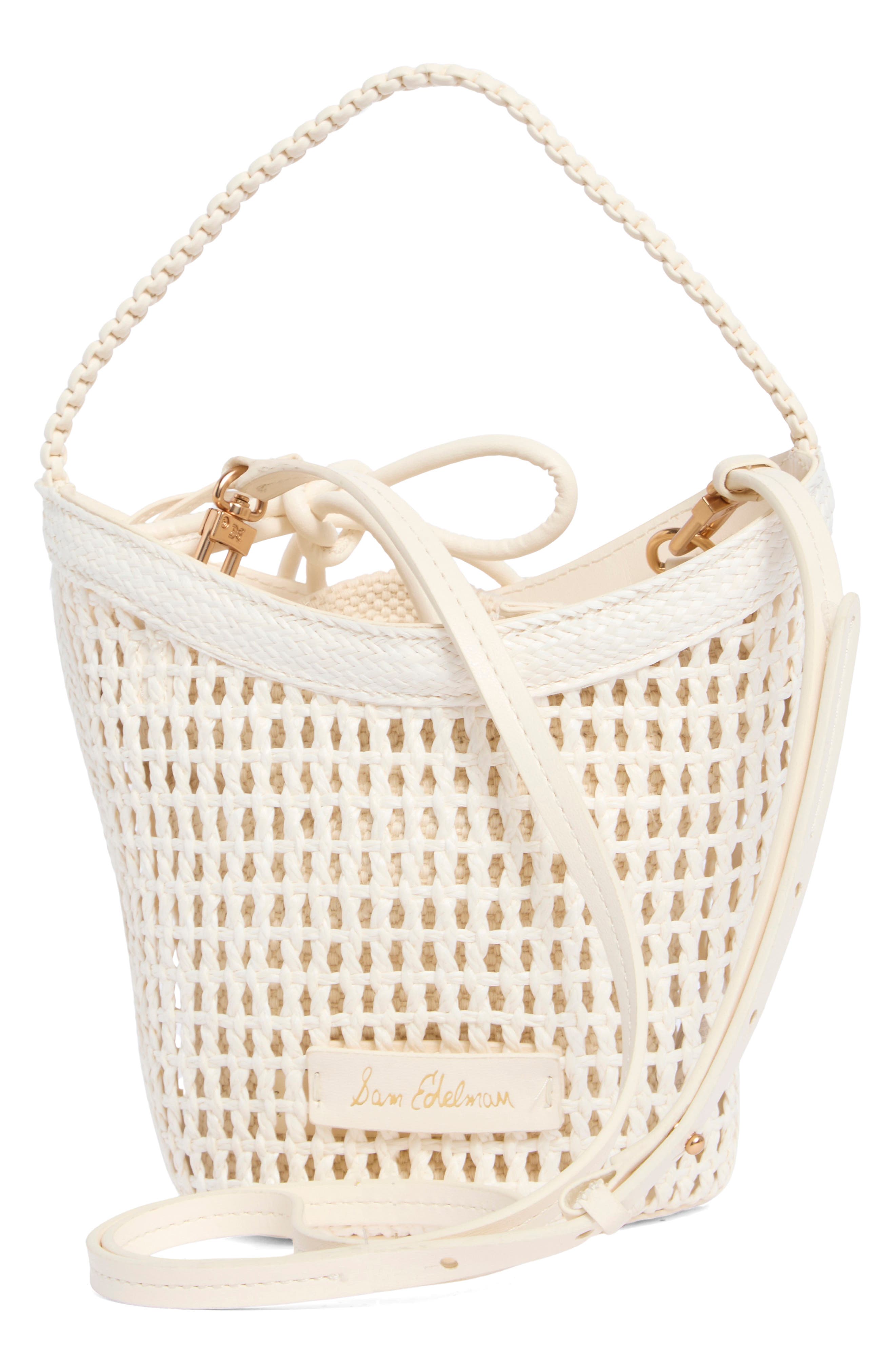 Sam Edelman Marcie Open Weave Small Bucket Crossbody Bag, Alternate, color, Ivory