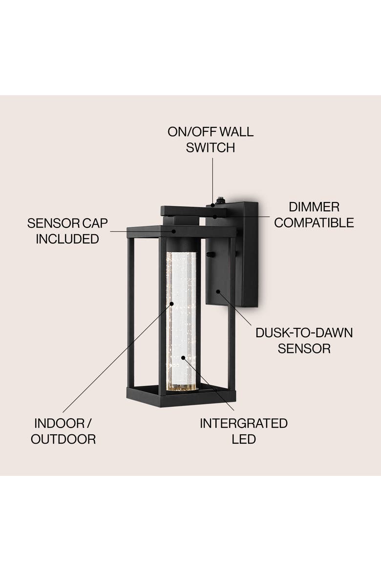 Juno 1-Light Industrial Vintage Iron/Seeded Glass with Dusk-to-Dawn Sensor Integrated LED Outdoor Sconce, Alternate, color, Black