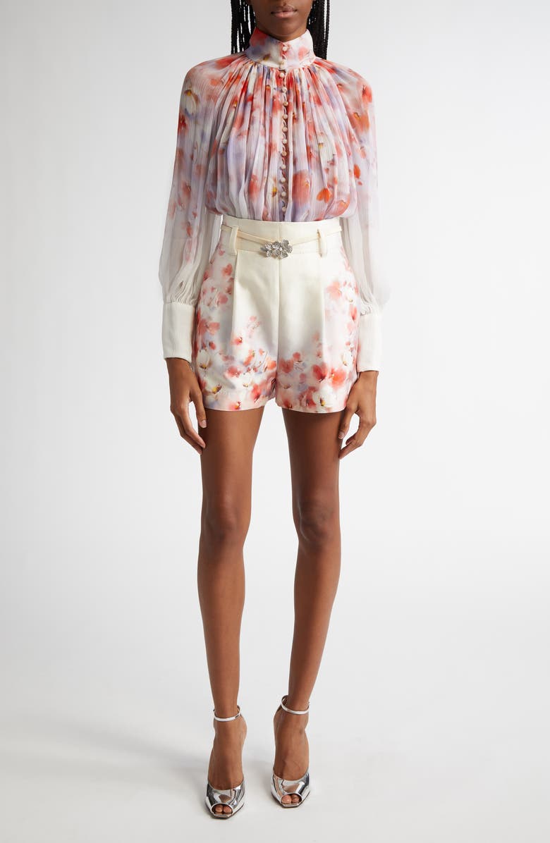 Floral Print Belted Twill Shorts