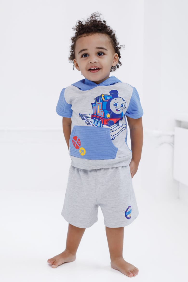 Short Sleeve Hoodie & Shorts Set, Alternate, color, Light Blue / Oatmeal Heather
