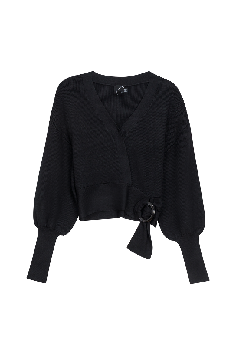 Sweater Knit Wrap Buckle Belt Cropped Cardigan, Main, color, Black