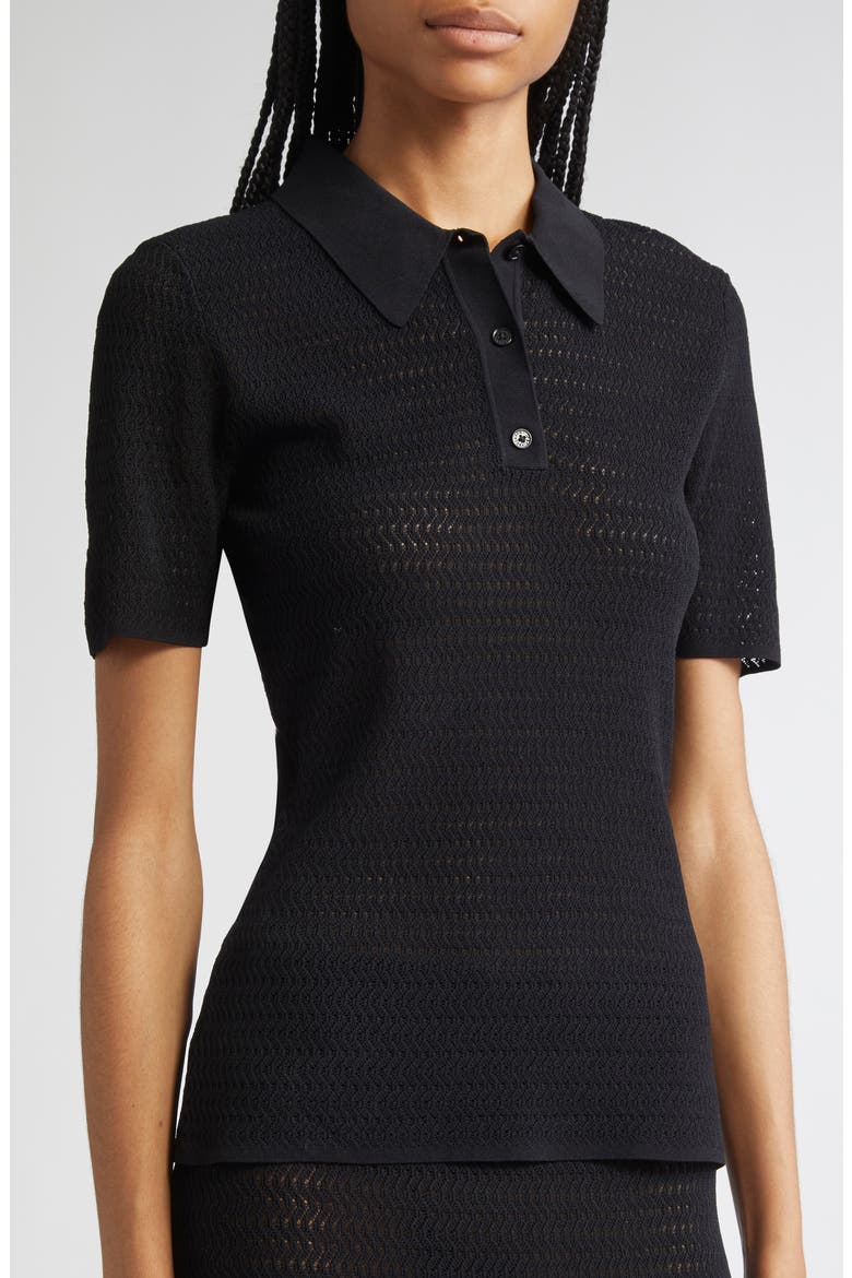 Chevron Pointelle Polo Sweater, Alternate, color, BLACK
