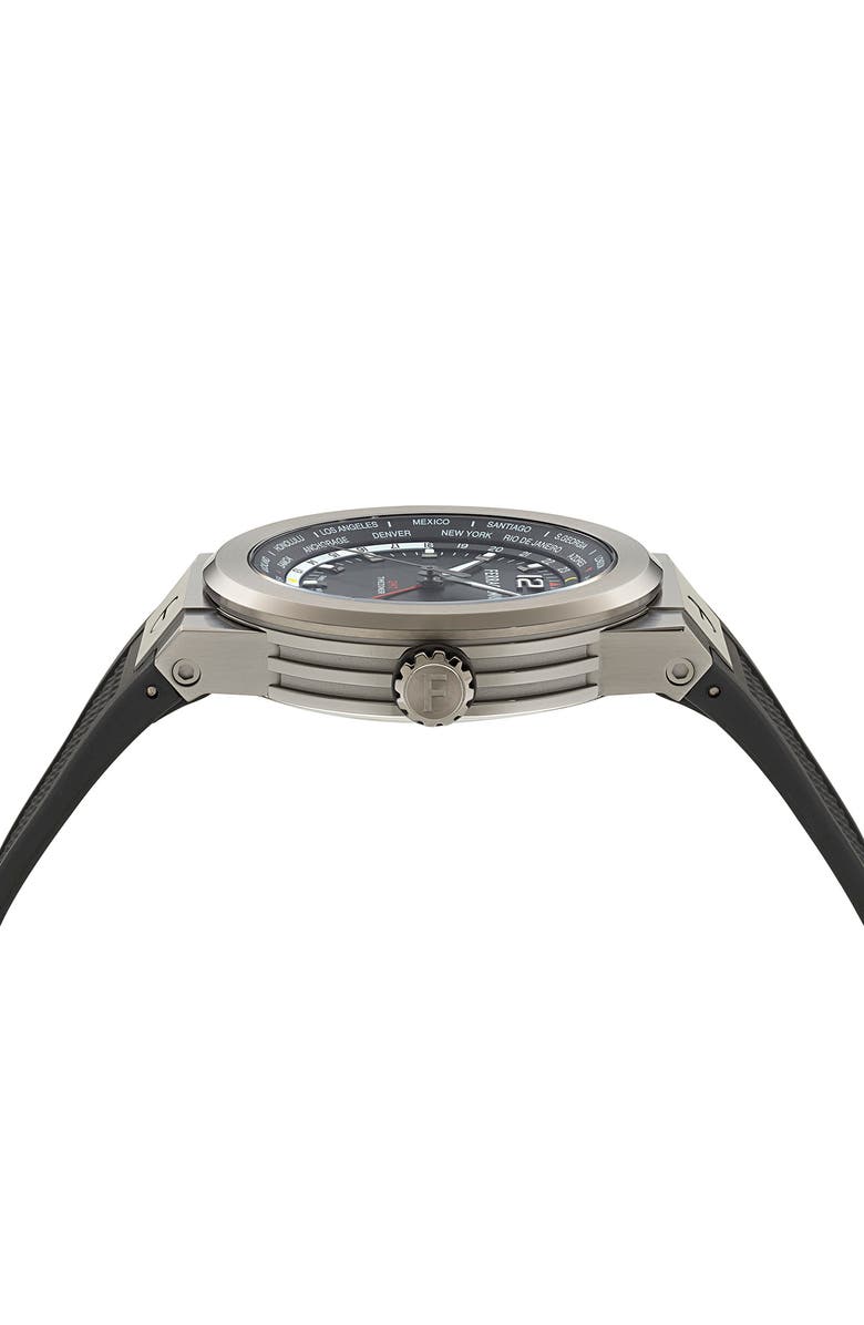 FERRAGAMO F-80 GMT Worldtime Silicone Strap Watch, 43mm, Alternate, color, Ip Gunmetal
