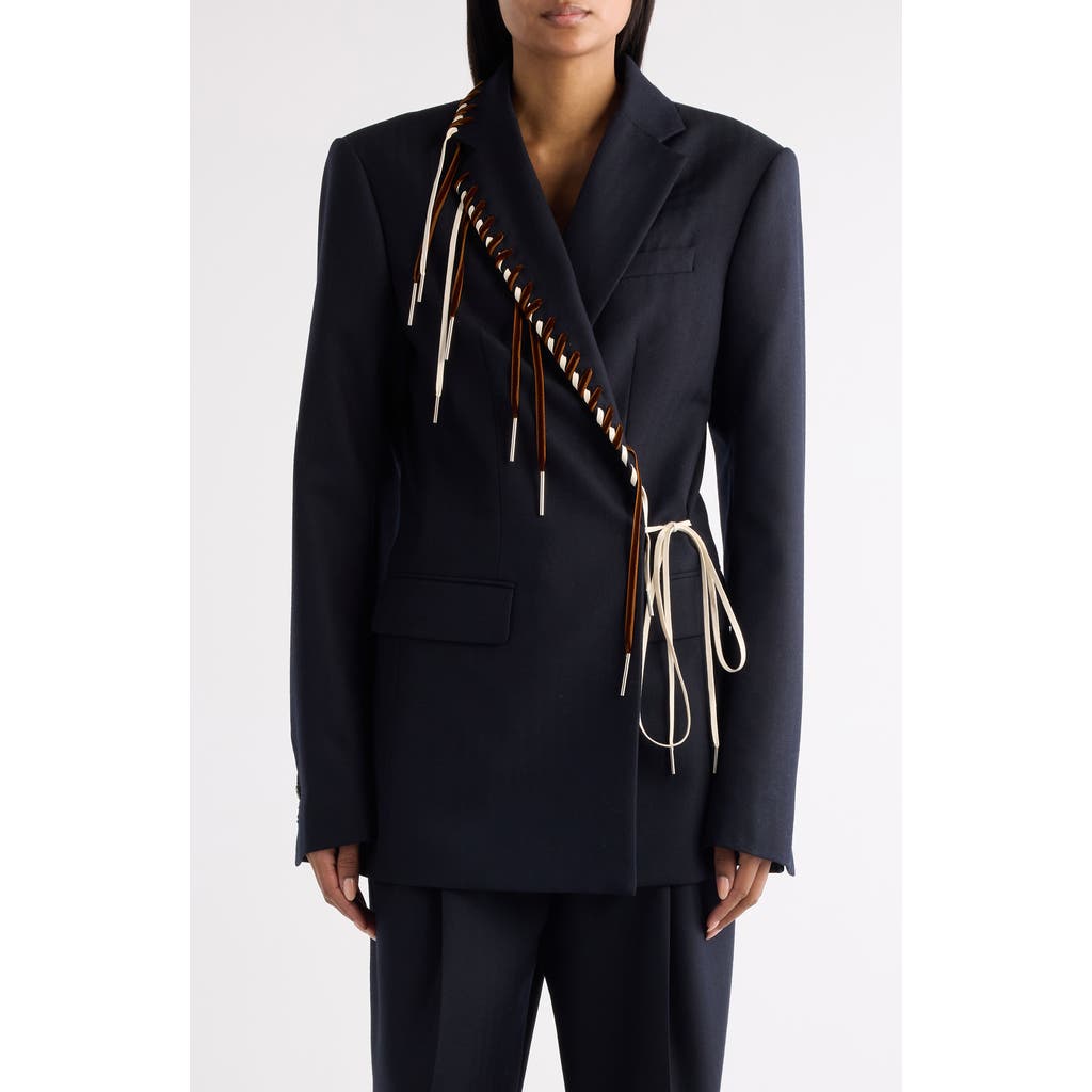 Dries Van Noten Women Blue Jacket With Classic Lapels And Lace-up Details In Wool Woman In Blue