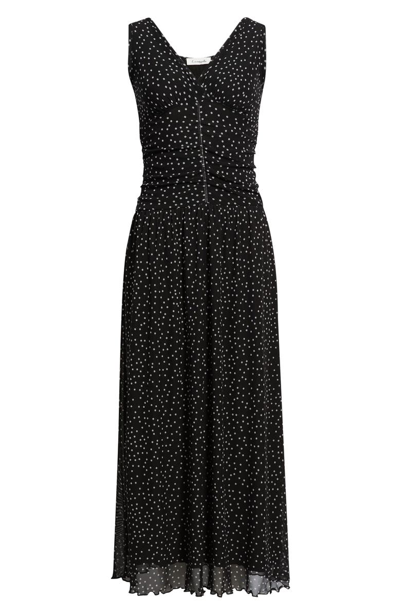 Loveappella Polka Dot Ruched Mesh Maxi Dress, Alternate, color, Black